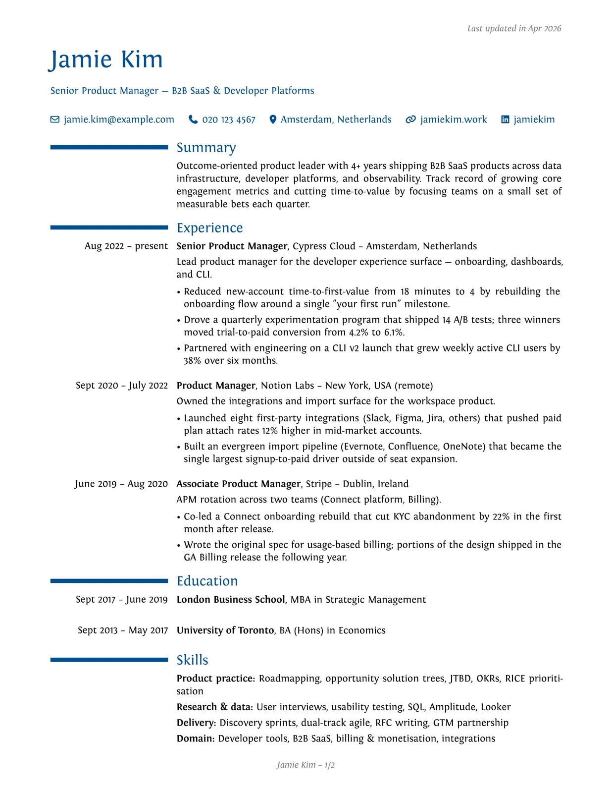 Product Manager sample CV — moderncv theme
