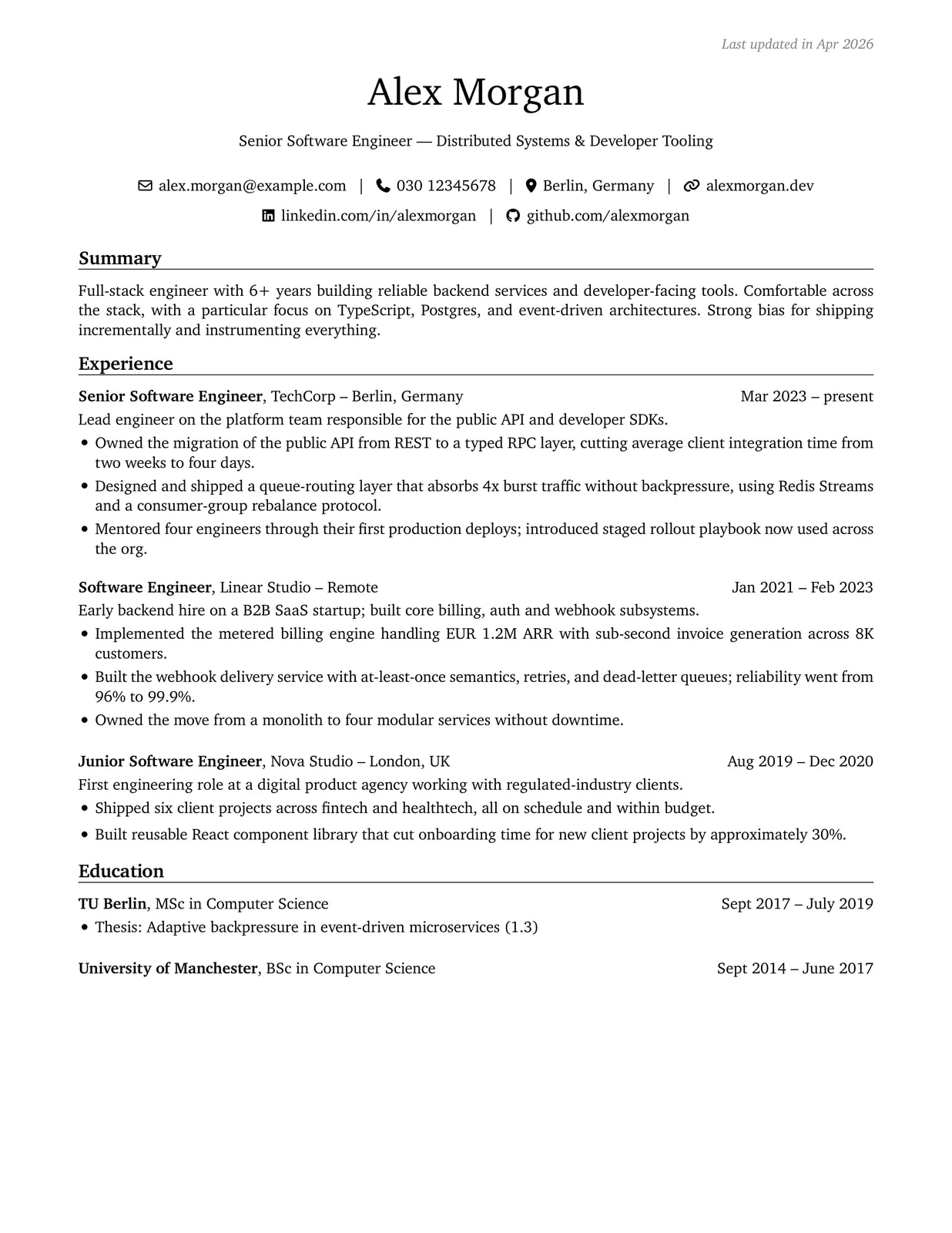 Software Engineer sample CV — engineeringresumes theme